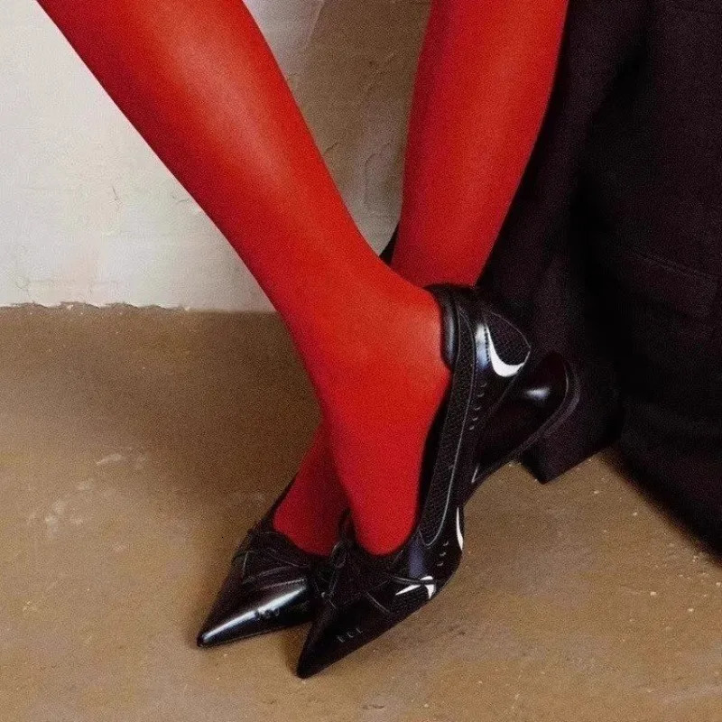 Bow Mary Jane Sport Retro Pointed Toe Shallow Mouth Splice Surface Suspension Heel Anti-Slip Wear-Resistant High Heels251222