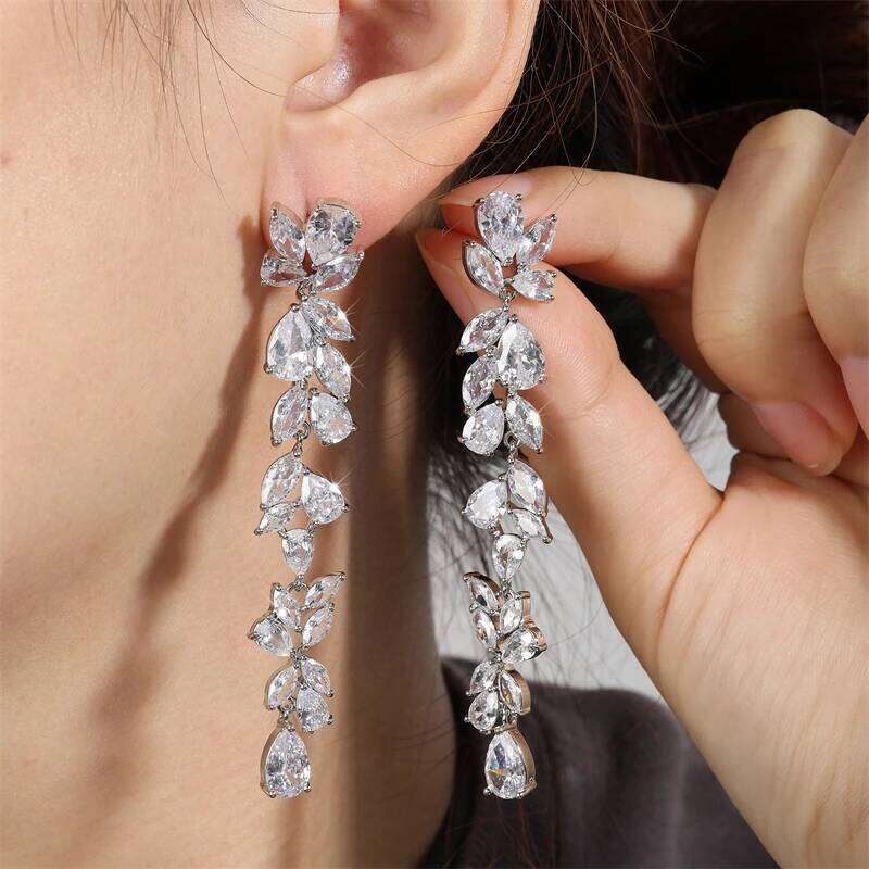ZAKOL Luxury Leaf Cubic Zirconia Long Earrings For Women Elegant Shiny CZ Bridal Earring Party Wedding Jewelry