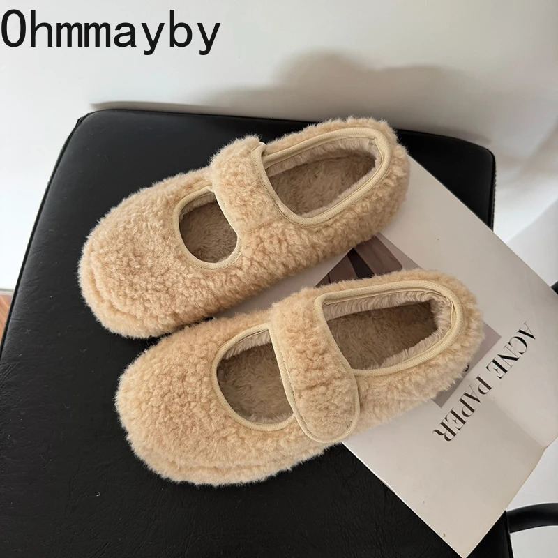 Warm Cotton Women Flats Shoes Comfort Soft Sole Short Plush Mary Jane Shoes Outdoor Furry Shoes For Autumn Winter 2026 251217