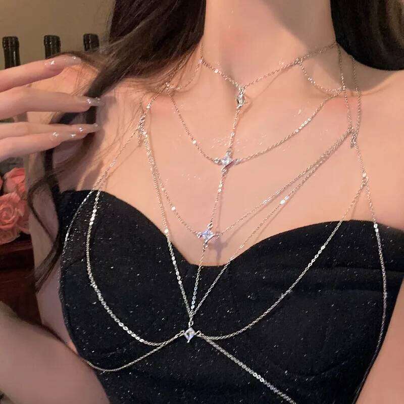 Luxury Square Crystal Chest For Women Multilayer Silver Color Metal Beads Zircon Body Chain Sexy Beach Bikini Jewelry Gift