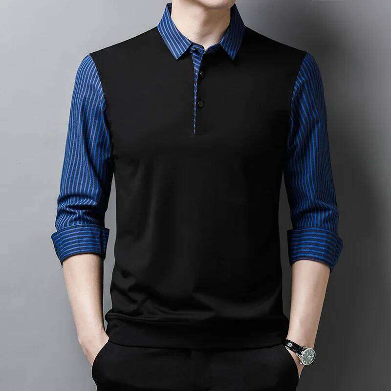 New Men's Casual And Fashionable Long Sleeved POLO Shirt With Contrasting Print Anti Wrinkle Top