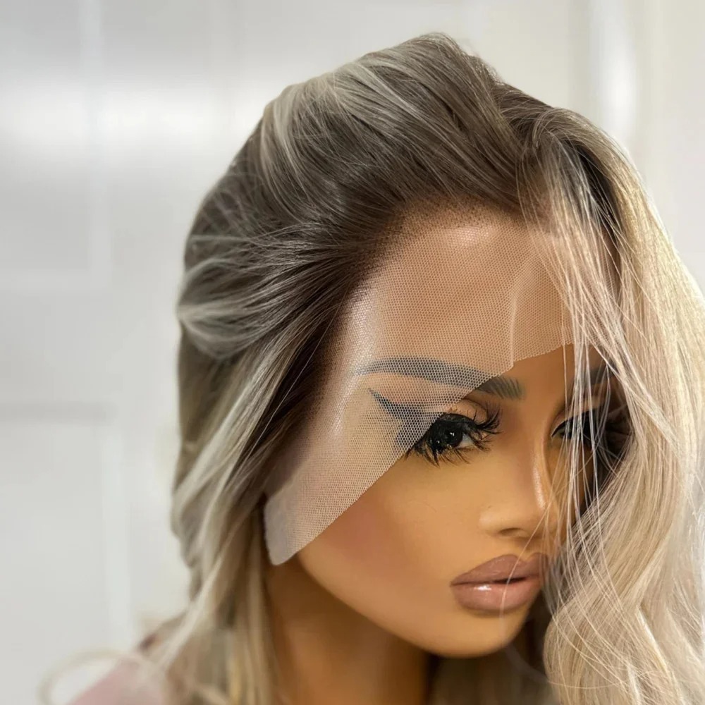 Highlight Ombre Ash Blonde Transparent Lace Front Wigs Long Body Wave Hd Lace Frontal Glueless Wig Heat Resistant Synthetic Fiber Hair For Women Daily