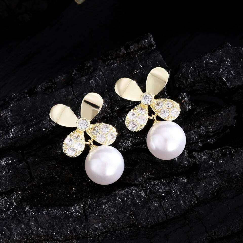 ZAKOL Elegant Four-leaf Flower Imitation Pearl Drop Dangle Earrings for Women Fancy Bride Brilliant CZ Wedding Jewelry