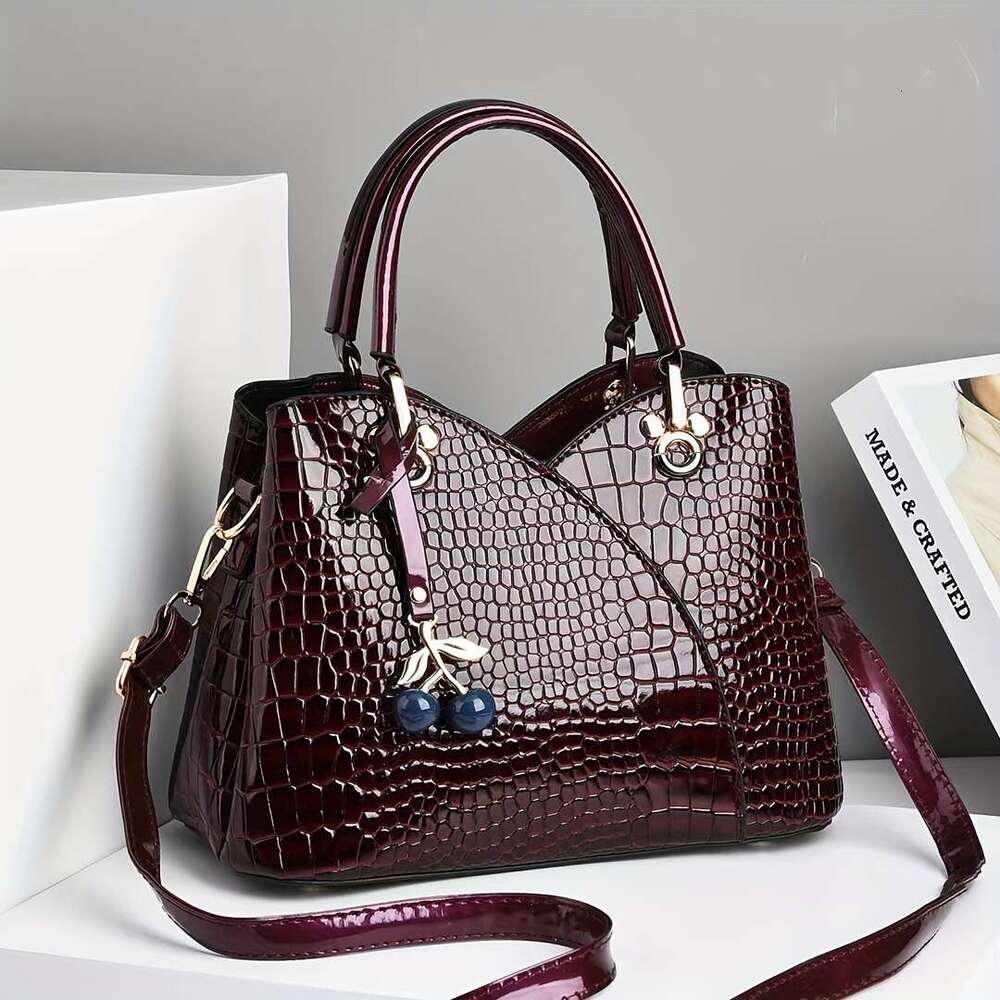 JINXIANGGUO Newest Trendy Women S Faux Crocodile Texture Handbag With Cherry Pendant Stylish Black Red Shoulder And Handbag Zip Closure Polyester Lini