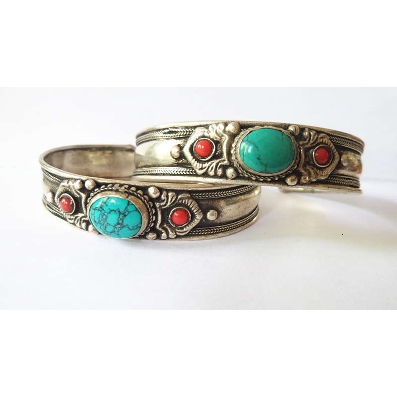 BB-456 Tibetan Bangles White Metal Copper Inlaid Simulated Turquoise Open Cuff Bangle Nepal vintage Jewelry 251219
