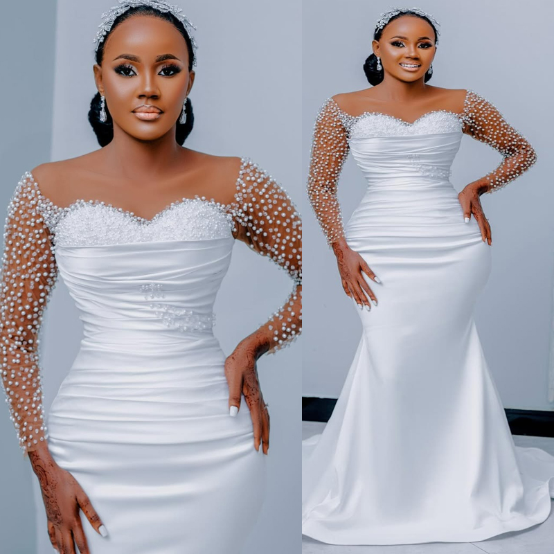 2026 Aso Ebi Arabic Mermaid Wedding Dress For Bride Bridal Gowns Illusion Sheer Neck Long Sleeves Beaded Satin Lace Wedding Gowns for Black Women D735