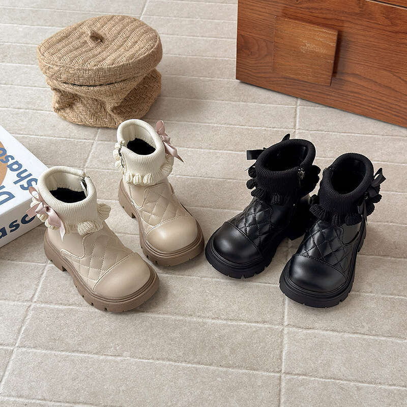 Children's British Martin 2025 Autumn Winter New Korean Style Girls' Knitted Ruffled Bowknot Fleece Short Boots