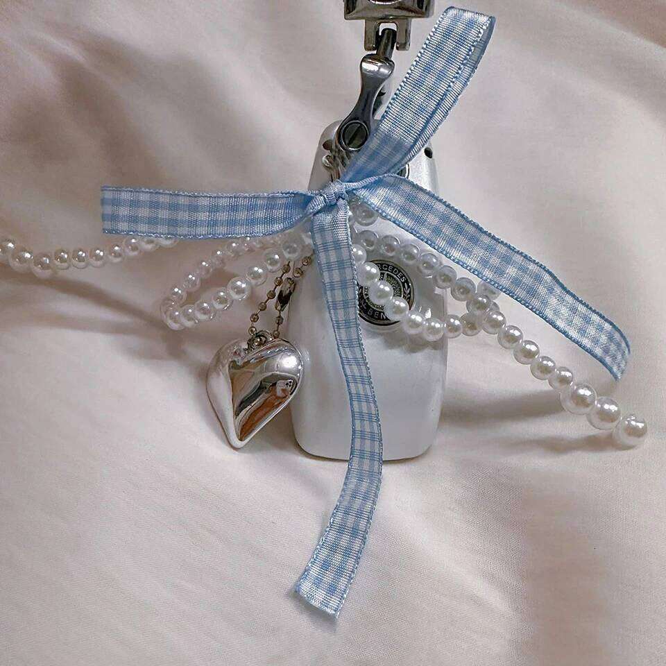 ZAKOL Y2K Delicate Beaded Pearl Chain With Heart Pendant Pink Blue Bow Tie Key Ring Ornament Decoration For Bags And Phones