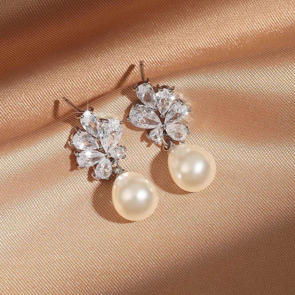 ZAKOL Delicate Chunky Teardrop Imitation Pearl Zircon Drop Earrings for Women White Gold Color Sparkling Crystal Bridal Earring