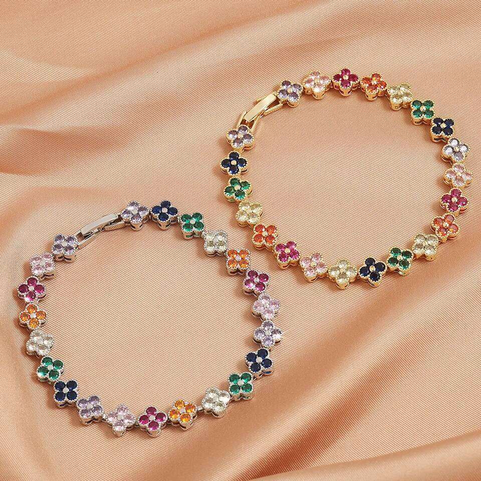 ZAKOL 2pcs/Set Colorful Random Zircon Flowers Bracelet Earring Set for Women Luxury Shining Crystal Bridal Wedding Party Jewelry