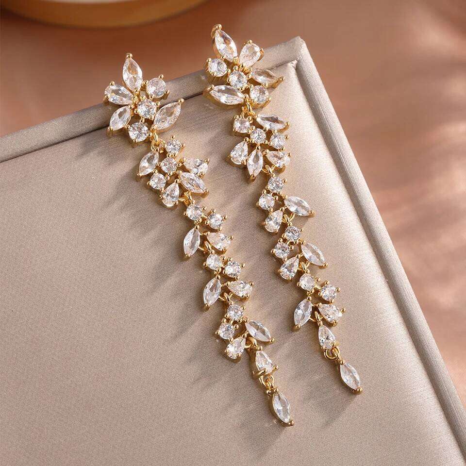 ZAKOL AAA Cubic Zirconia Leaf Long Dangle Earrings for Women Elegant Bridal Wedding Engagement Ear Accessories