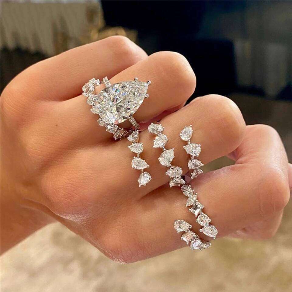 Classic Fashion 3 Layers Irregular Zirconia Open Rings for Women Silver Color Ring Rectangle Shinny Wedding Jewelry