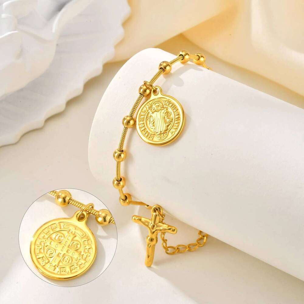 Vnox Stainless Steel Women's Rosary Bracelets, Saint Benedict Virgin Mary Jesus Cross Prayer Bracelet , Trendy Religion Jewelry 25H1229