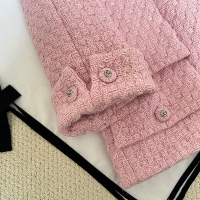 Women Early Spring Pink Stand Collar Tweed Jacket Designer Luxury Single Breasted 3/4Sleeve Silk Wool Coat Multi-Pocket Jacquard Lined Elegant Outerwe