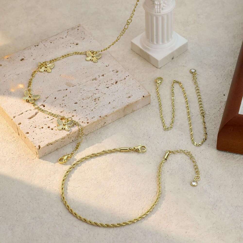 Foreign Trade Personalized Versatile Butterfly Set Stainless Steel Braided Cuban Anklet Niche Style Elegant Ankle Chain