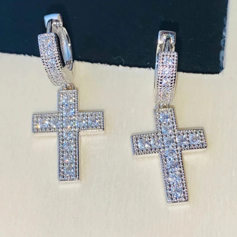 Huitan Cross Pendant Earrings for Unisex Stylish Male Hiphop Accessories with Bright Zirconia Jewelry for Women 251224