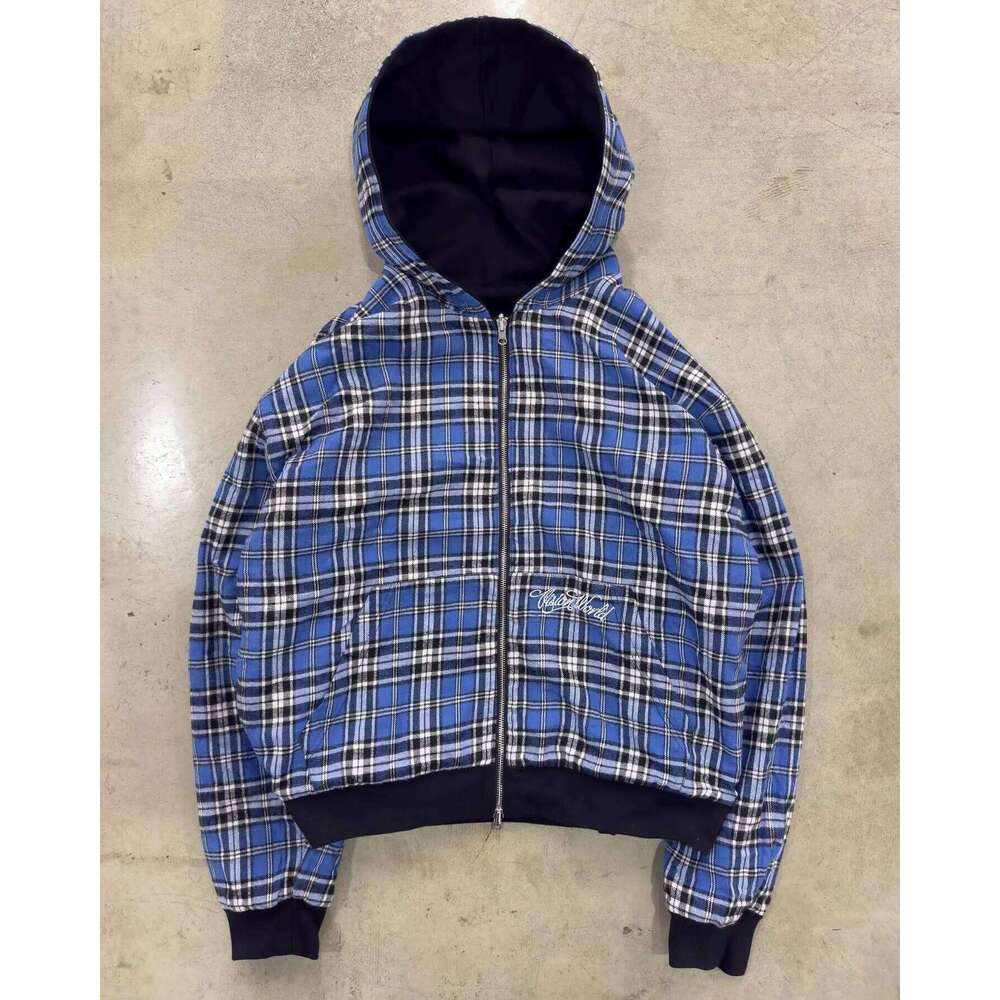 2026 New Double-Sided Blue Plaid Hoodie Men Women Embroidered Loose Zipper Hooded Jacket Y2K Streetwear Casual Couple Sweatshirt