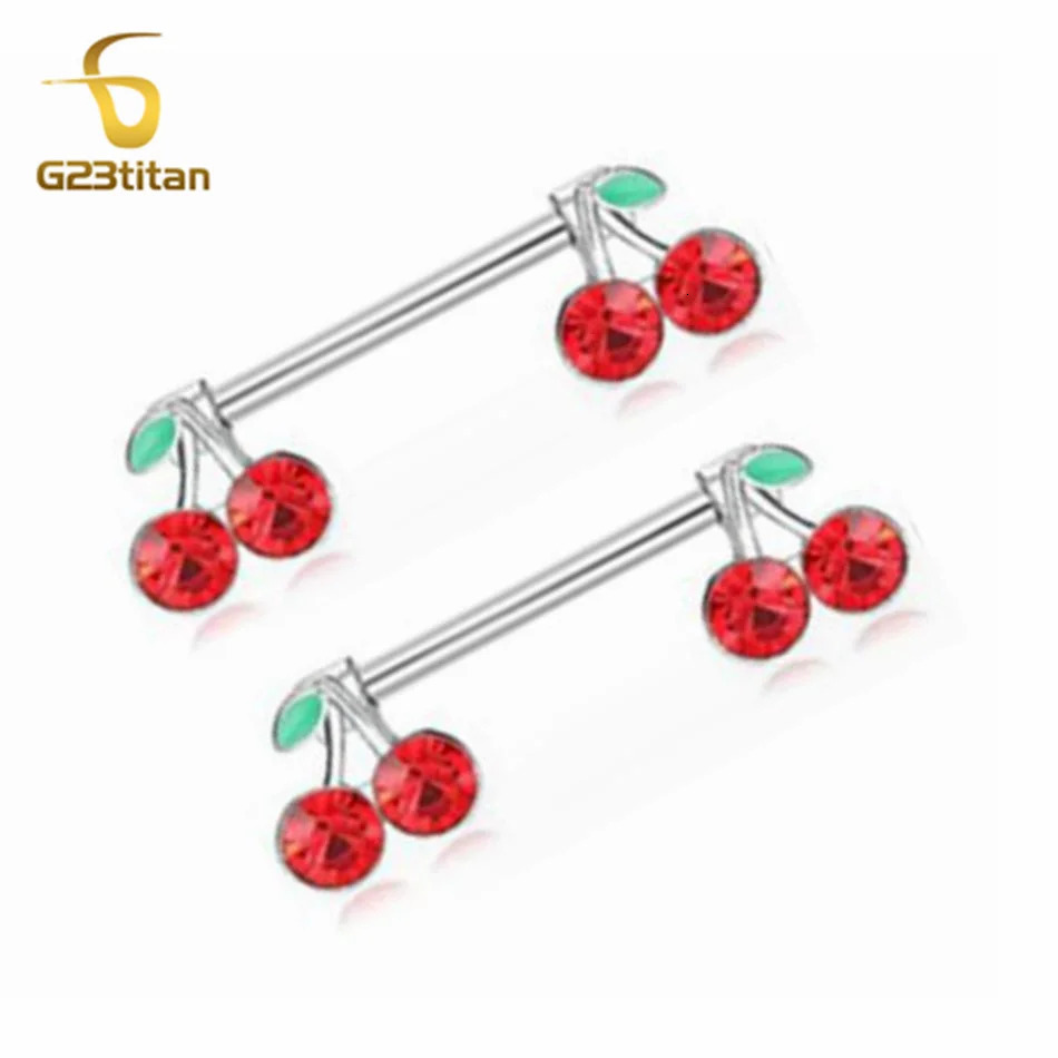 2pcs 14G Barbell Sweet Cute Cherry Shaped Zircon Breast Ring For Women Body Piercing Sexy Nipple Ring Jewelry Ornament 251224