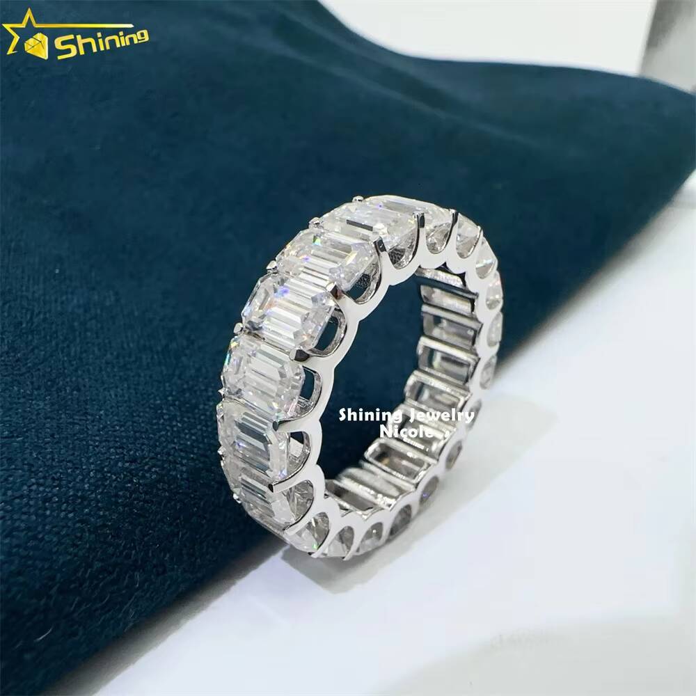 Hot Selling High Quality 925 Silver Engagement Eternity Band 35mm 46mm 57mm Emerald Cut Moissanite Ring