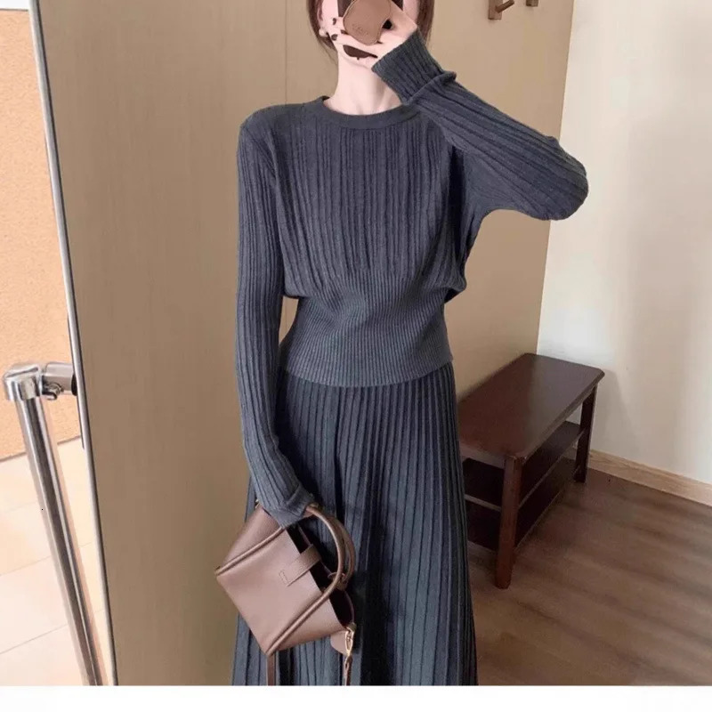 Korean Fashion Solid Color Knitted Sweater Set Elegant Casual Autumn and Winter Knitwear Two-piece Set with Top and Skirt 251219