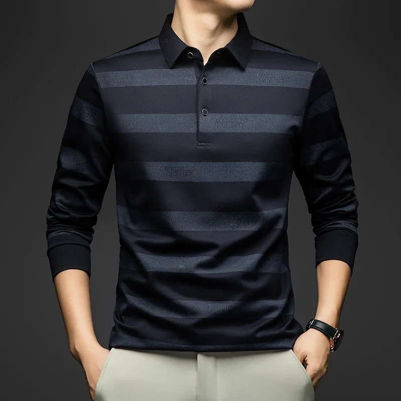 BROWON Elegant Mens Polo Shirts 2025 Spring Autumn Long Sleeve Lapel Collar Big Striped Pattern Tshirt Male in Tops Tees 251219
