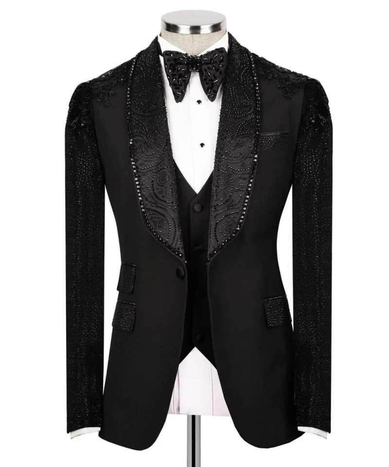 Elegant Men Suits Tailor-Made 2 Pieces Shawl Lapel Jacket Sequins Beading Blazer One Button Groom Customized Coat Pants