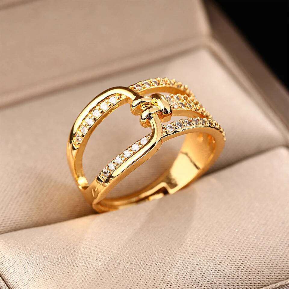 ZAKOL Fashion Double Layers Zircon Rings for Women Gold Color Plated Open Stainless Steel Ring Aesthetic Party Wedding Jewelry
