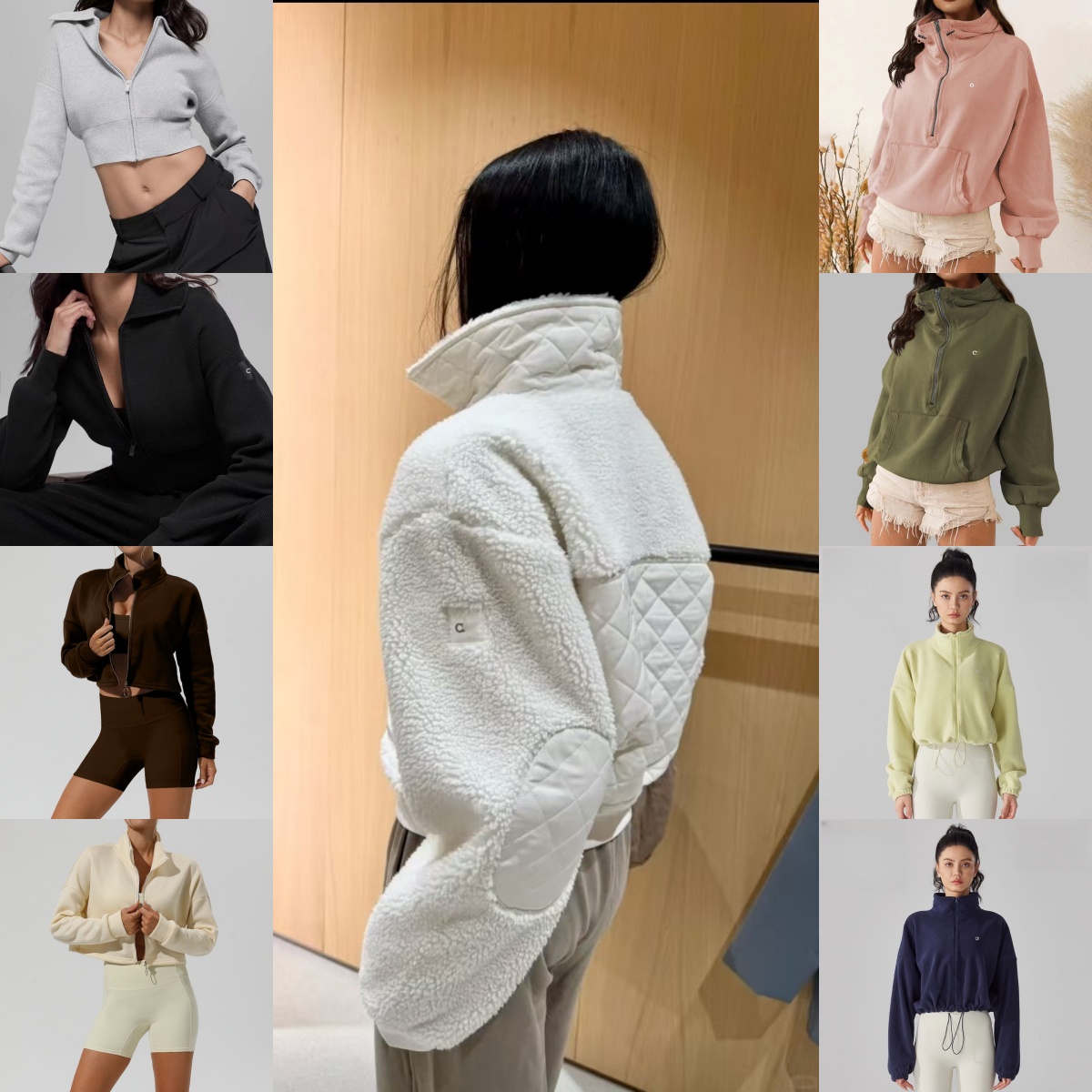 Series yoga Gym sets New designer womens Autumn and winter brown lambhair hooded short calonessity jacket thick and warm sporty and casual stand