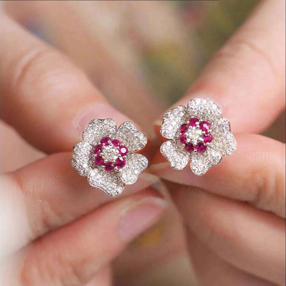 ZAKOL Bling CZ Flower Stud AAA Cubic Zirconia Aesthetic Women's Ear Accessories Bright Red Earrings Trendy Jewelry Gift