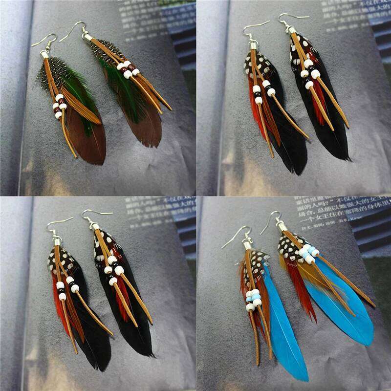 1Pair Tassel Dangling Colorful Feather Leather Beads Earrings Indian Feathers Summer Womens Fashion Jewelry C251227