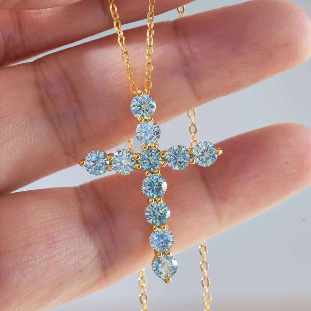 3mm/4mm Cross natural blue moissante pendant necklace 925 Sterling Silver Wedding Party fine Jewelry dating party gift 070
