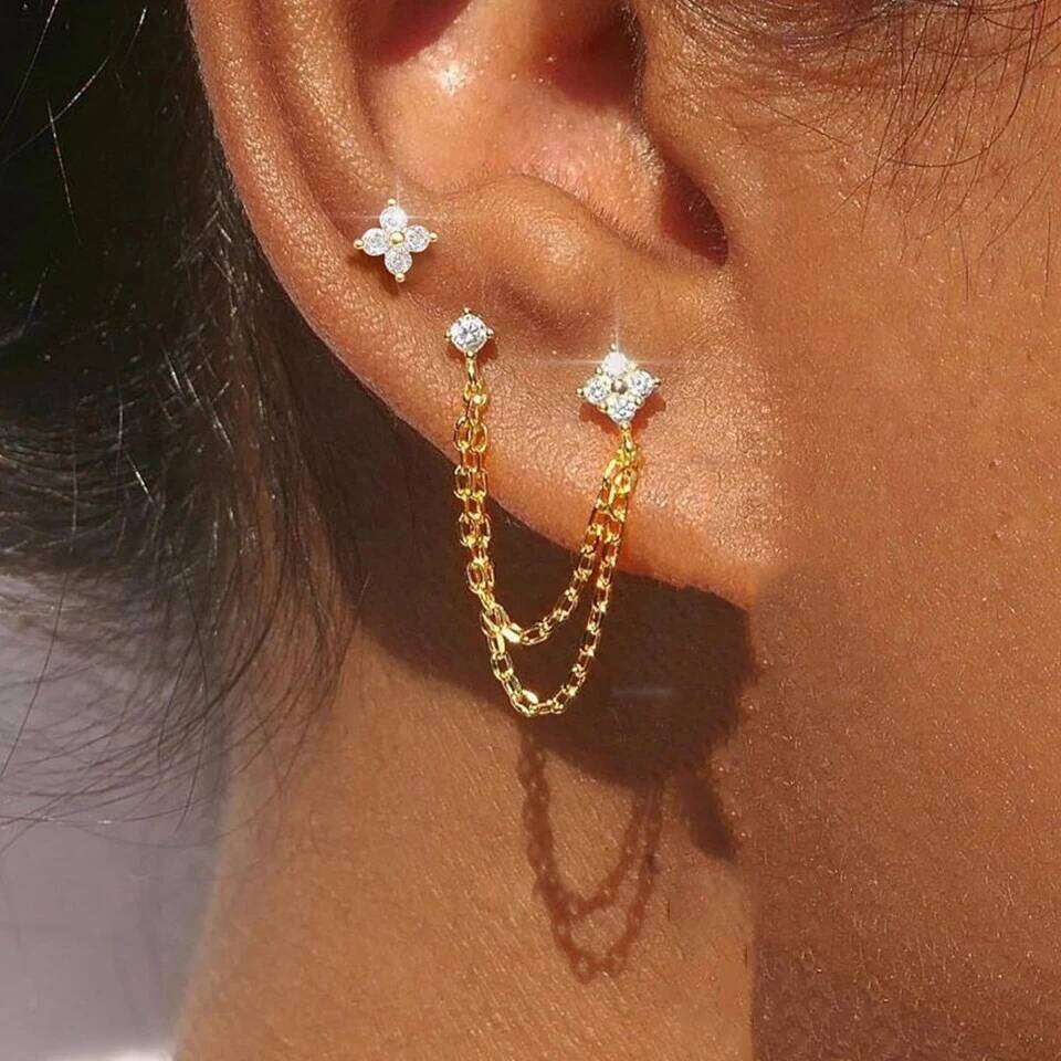 ZAKOL 1 Pair Colored Zircon Four-leaf Flower Stud Earrings Piercing Chain Helix Tragus Cartilage Ear Accessories for Women