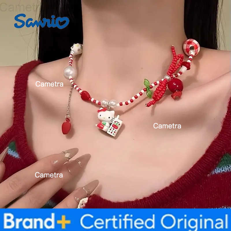 Sanrio Strawberry Kitty Beaded Necklace Kawaii Dopamine Cartoon Cat Pendant Choker Cute Colorful Jewelry for Women H251229