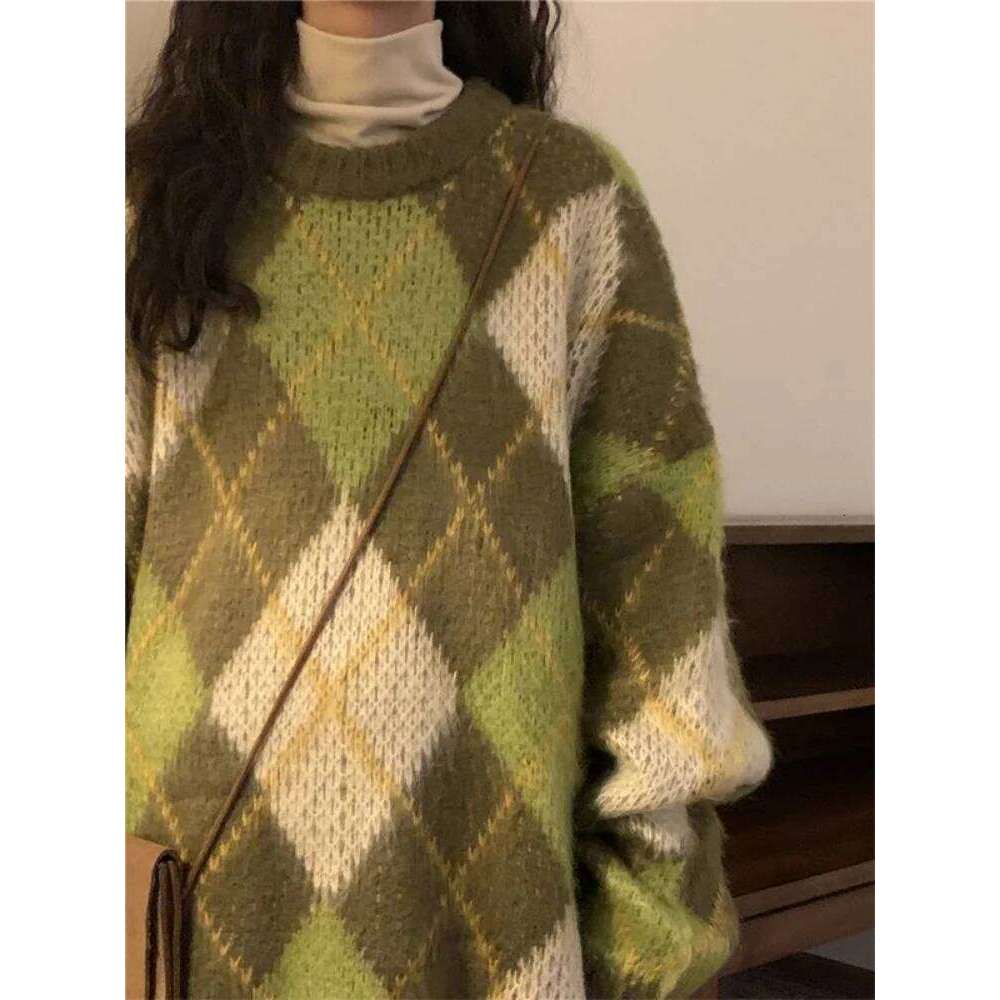 Retro Green Pullovers Women Cozy Minimalist BF Style Autumn Argyle Casual Harajuku Baggy Sweater Long Sleeve All-Match Knitwear