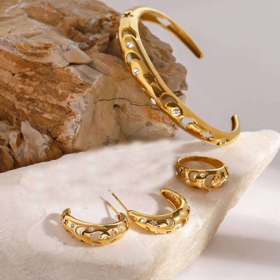 ZAKOL New Stainless Steel Hollow Star Moon Bracelet&Ring&Earrings Set for Women 18K Gold Plated Non-fading Jewelry Gift