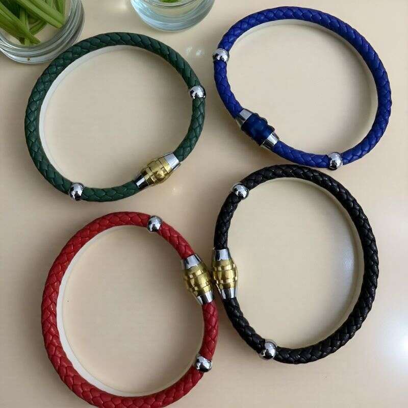Cross-Border Stainless Steel Magnetic Round Braided Clasp Men's Personalized Bracelet Leather Cord