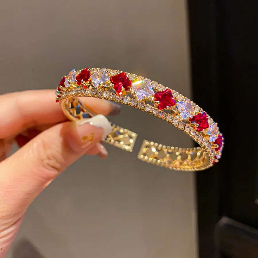 Designer Jewellery High Quality Gold Toned Crystal Bangle with Heart Geometric Detail for Daily Wear and Statement Occasions Gift Textured Glamorous A