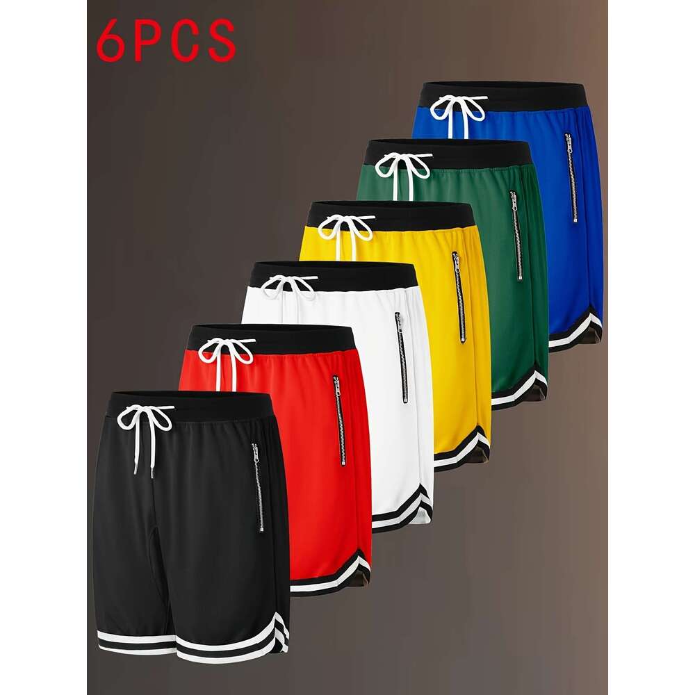 WONST Sportswear 6 Pcs Men S Athletic Shorts Summer Zippered Pockets With Drawstring Sportswear Solid Colors Stretch Fabric Regular Fit Casual Sportsw