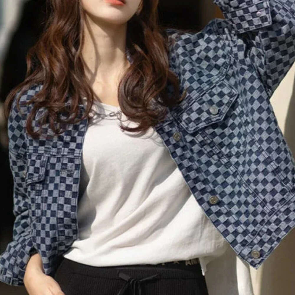 Spring Autumn Check With Print Graphic 2026 Designer Fashion Outerwears Blue Mix Color Female Jeans Coat Women's Denim Jackets Chic And Elegant L