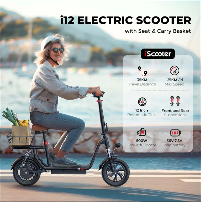 EU Warehouse iScooter i12 500W Electric Scooter 15.6 MPH Max Range 21 Miles Peak 500W Motor 36V 7.5 AH Electric Scooter With Seat & Carry Basket