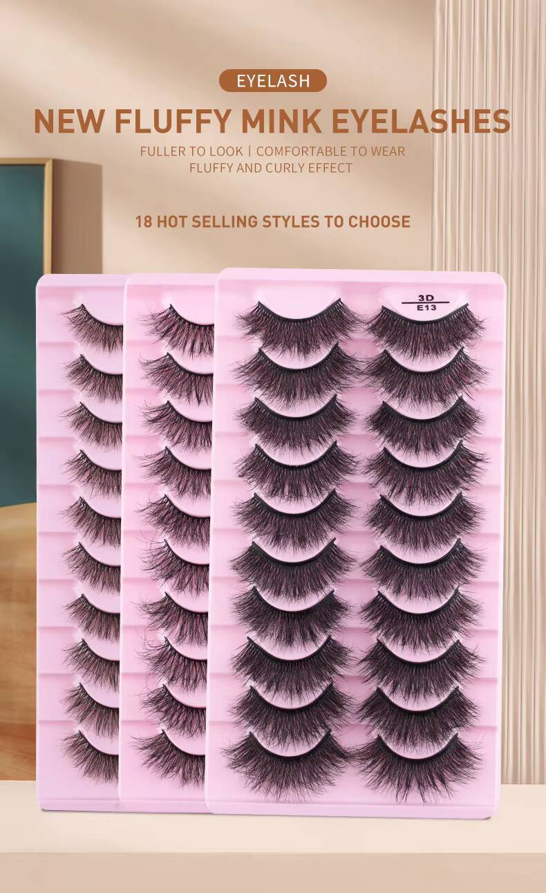 Wholesale 10 Pairs Private Label Fluffy Mink Eyelash Full Strip Eyelashes with Customized Packaging