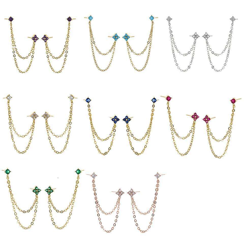 ZAKOL 1 Pair Colored Zircon Four-leaf Flower Stud Earrings Piercing Chain Helix Tragus Cartilage Ear Accessories for Women