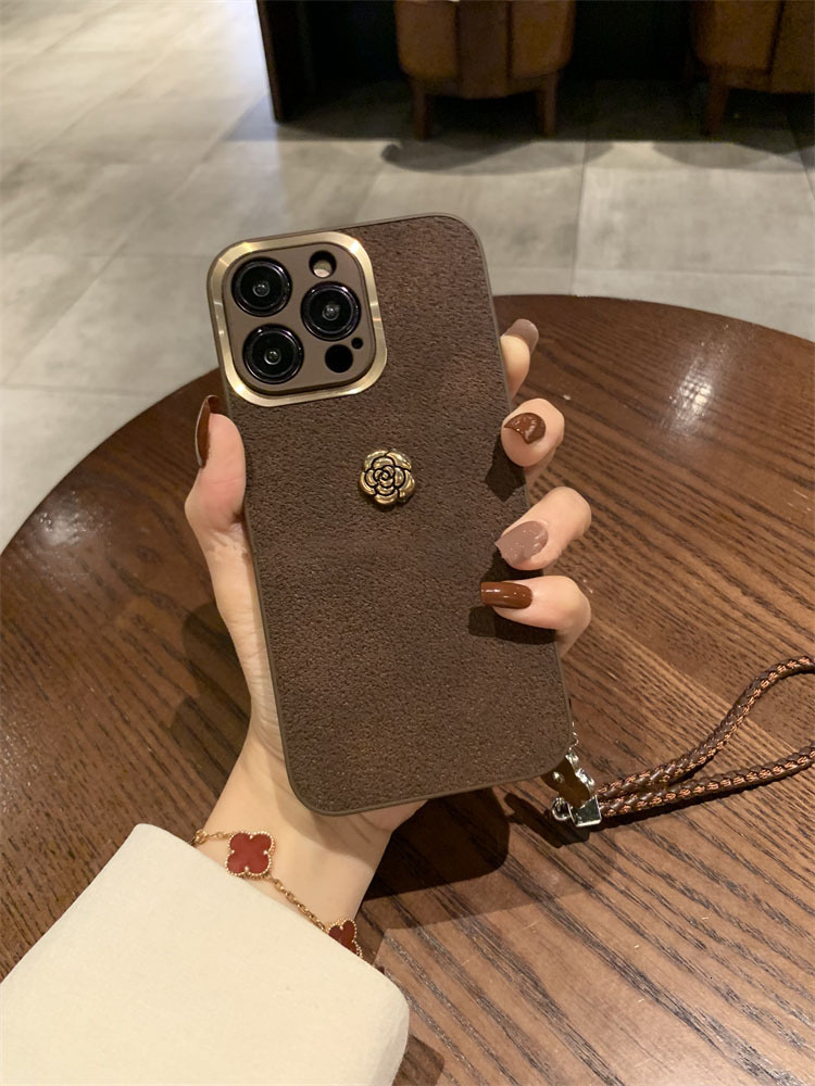 Golden Circle Camellia Compatible Apple Pro Phone Case with Lanyard Simple iPhone 16 Shockproof 13 Protection