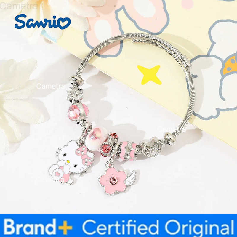 Sanrio Hello Kitty Pink Enamel Charm Bracelet Cherry Blossom Pendant Cute Bangle for Women Girls Fashion Accessory H251229
