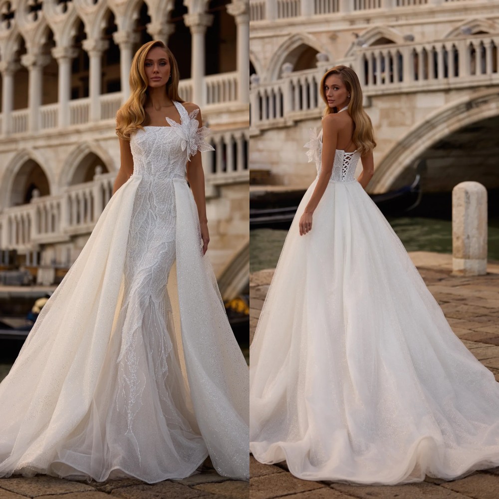 Designer Mermaid Wedding Dress Halter Neck Sleeveless Bridal Gowns Sequins Appliques Detachable Train Dresses Custom Made vestidos de novia