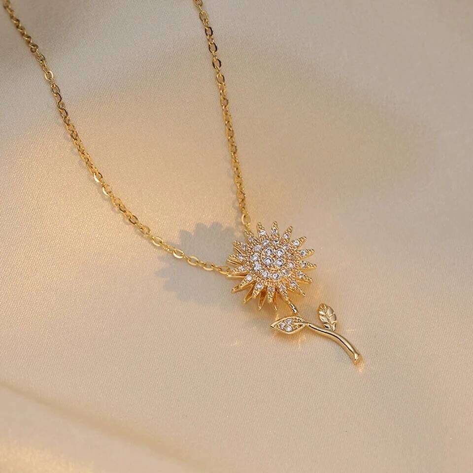 ZAKOL Exquisite Rotating Sunflower Zirconia Flower Pendant Fashion Plant Flowers Gold Color Chain Choker Necklace Gift