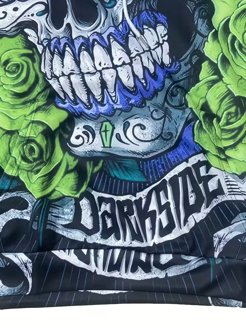 Dark-themed men's hoodie with purple and green skull floral all-over print Distinctive streetwear-inspired loose-fit pullover hoodie