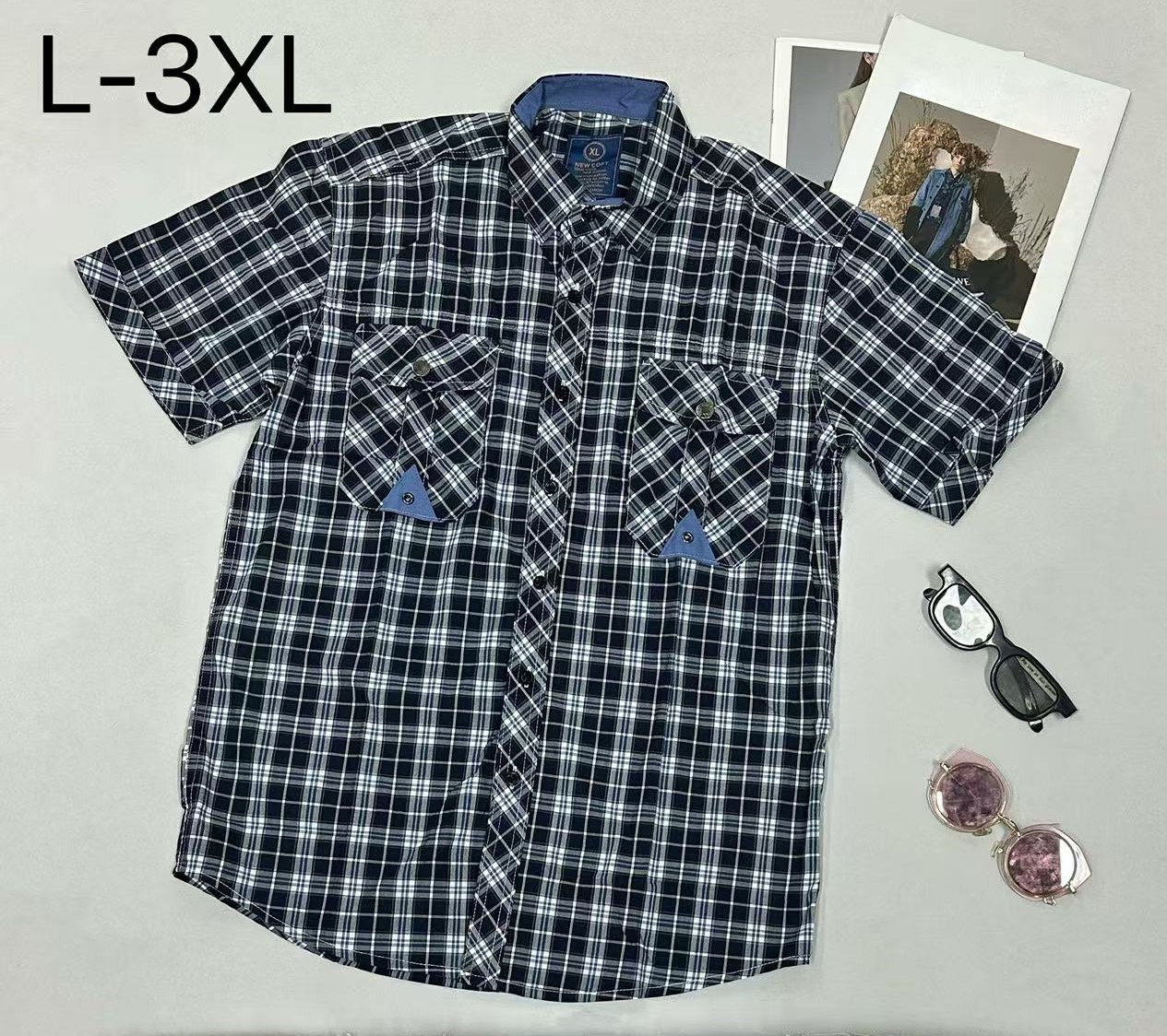 Men's Short-Sleeve Shirt - Cotton Poplin Plaid, Multi-Color Options, Double Chest Pockets, Casual Daily Style (Sizes L-3XL)- NO29