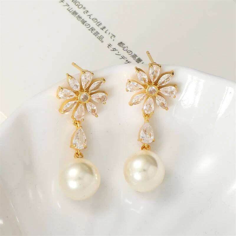 ZAKOL Sweet Romantic Round Imitation Pearl Drop Earrings Exquisite Shiny CZ Flower Earring Birthday Jewelry Gift for Girls