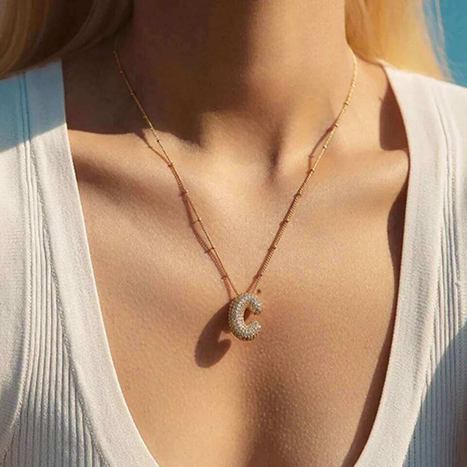 ZAKOL Chunky Cubic Zirconia Gold Plated Bubble Alphabet Letter Monogram Balloon Initial Necklace Women Gifts